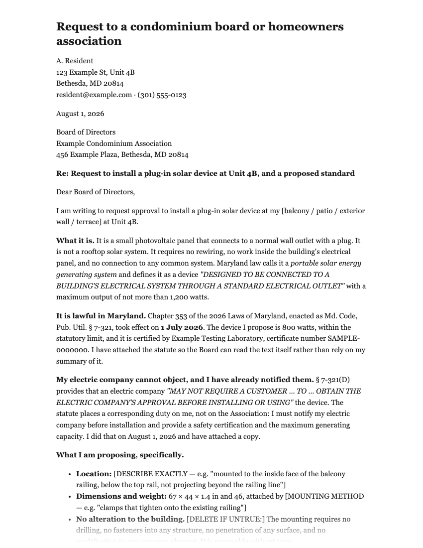 Page one of the HOA request letter, filled with sample details for A. Resident of Example Condominium Association