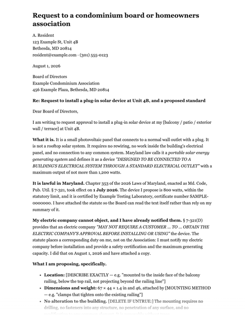 Page one of the HOA request letter, filled with sample details for A. Resident of Example Condominium Association